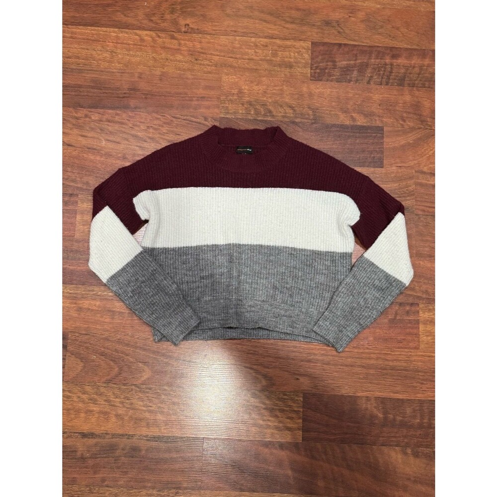 Ambiance - Colorblock Knit Sweater - Cropped - Burgundy, White & Gray
